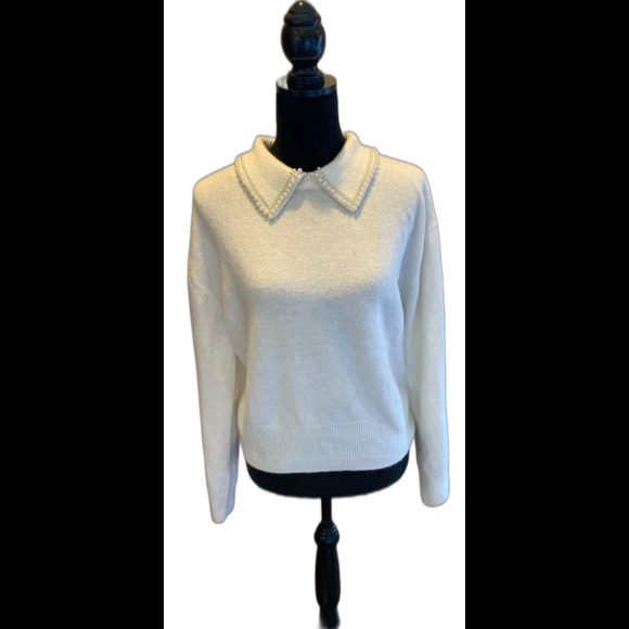 NEW H&M Cropped Sweater Size Medium Pearl Embellished Collar Cream SUPER SOFT - Picture 1 of 9
